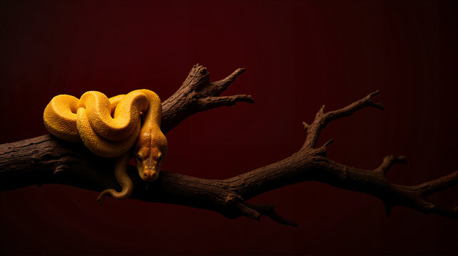 Vibrant yellow python coiled on bare branch with dramatic red background