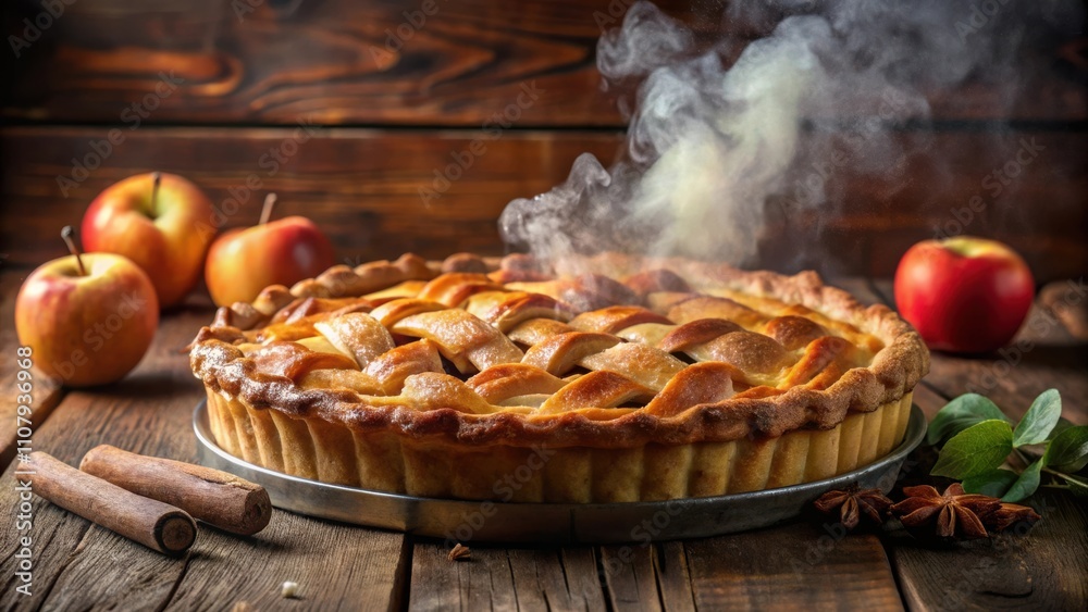 Poster a freshly baked apple pie with a golden brown crust, steaming hot and surrounded by apples and cinna