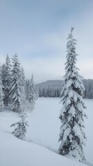 Winter landscape with snow-covered trees and a frozen lake, winter, season