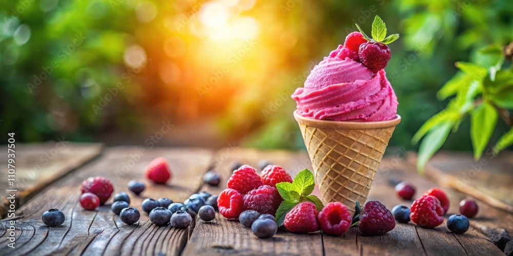 Aufkleber a scoop of pink ice cream in a waffle cone with fresh raspberries and blueberries on a rustic wooden