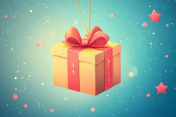 Gift in a yellow box with a red gift bow on a light blue background with stars, discounts and sales, new year and Christmas.