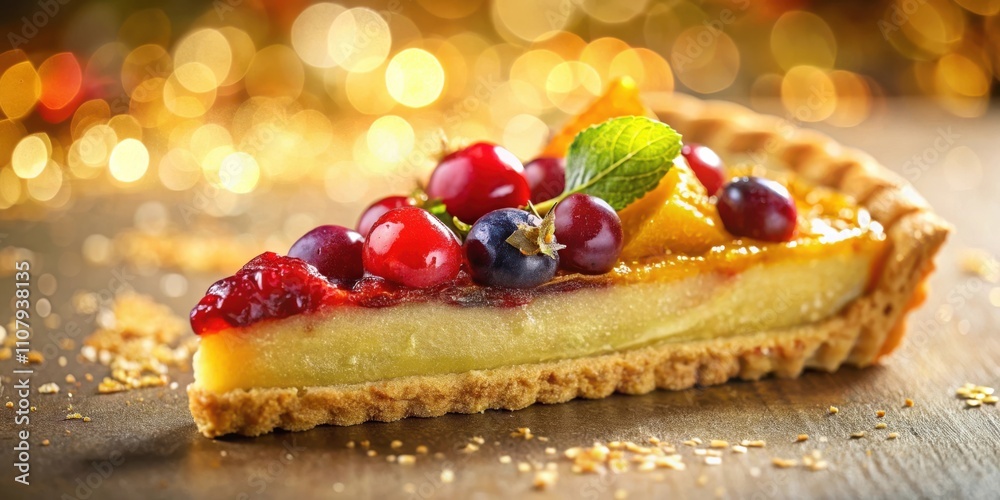 Poster a slice of tart with berries and a hint of orange, glowing with festive lights