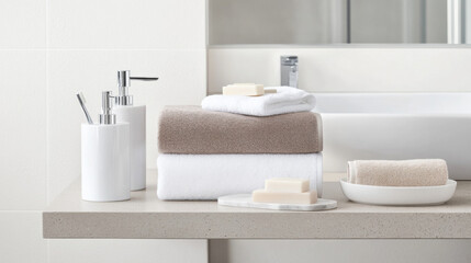 Fototapeta premium Stack of soft folded towels on marble shelf in modern bathroom, background
