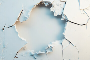 Obraz premium A close-up of a cracked wall with peeling paint, revealing a hole in the surface.