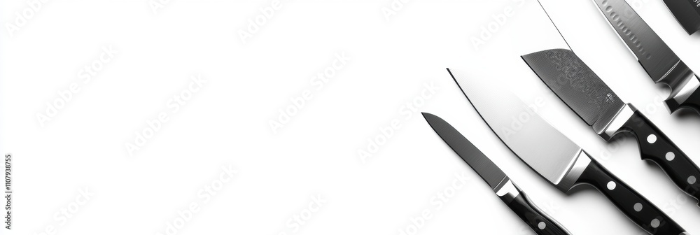 Poster different types of kitchen knives are arranged on a clean white surface, highlighting their unique d