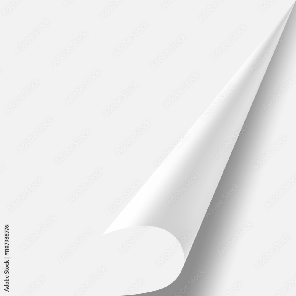 Poster white sheet of paper curling upwards from bottom right corner, casting a subtle shadow beneath, crea