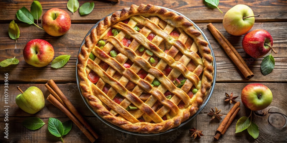 Aufkleber A perfectly baked apple pie with a lattice crust, surrounded by fresh apples and cinnamon sticks on a rustic wooden table