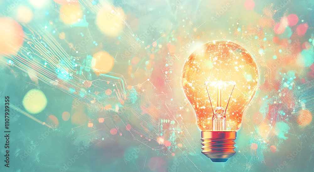 Poster bright light bulb glowing amidst a colorful digital background representing innovation and creativit