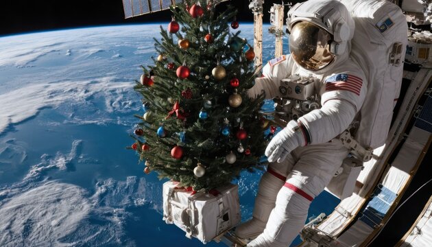 Astronaut in space suit decorates a Christmas tree outside the International Space Station, with Earth in the background. - Powered by Adobe