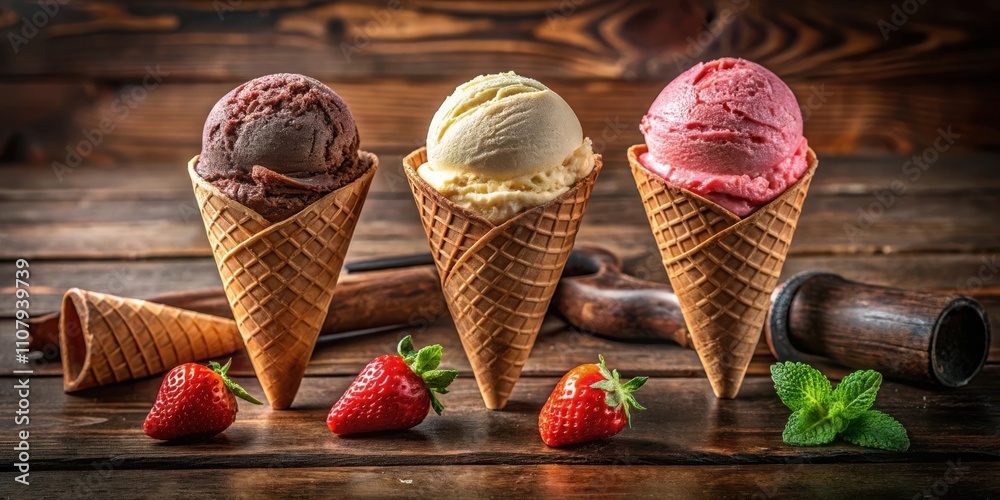 Poster three scoops of ice cream in waffle cones, resting on a rustic wooden surface, adorned with fresh st
