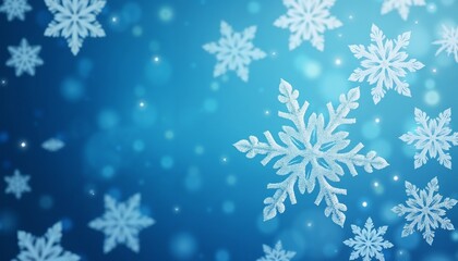 White snowflakes on blue gradient sky background.  Detailed snowflakes floating on a frosty winter sky gradient.  Delicate whispers of snow against a tranquil blue canvas

