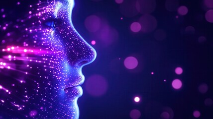 Obraz premium A colorful, cosmic representation of a face, adorned with vibrant particles and light patterns, set against a dark backdrop.