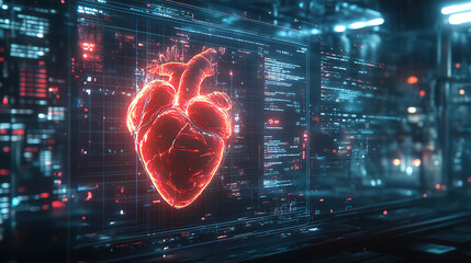 Digital heart model displayed on futuristic interface with glowing effects and data overlay. Generative AI