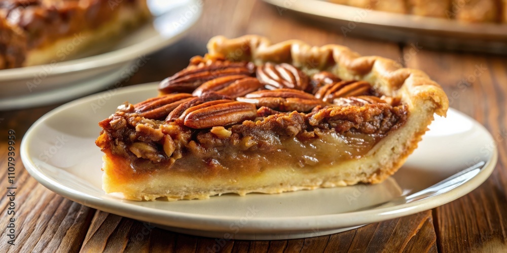 Aufkleber A slice of pecan pie with a flaky crust and a rich caramel filling, showcasing the buttery pecans in a close-up shot.