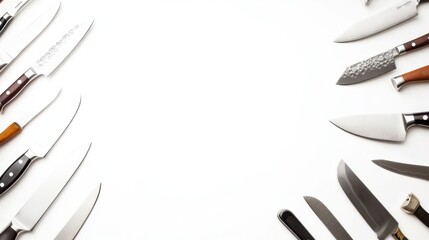 Obraz premium Displayed are various kitchen knives on a clean, white background, showcasing their diverse shapes and sizes for culinary tasks and cooking. Generative AI