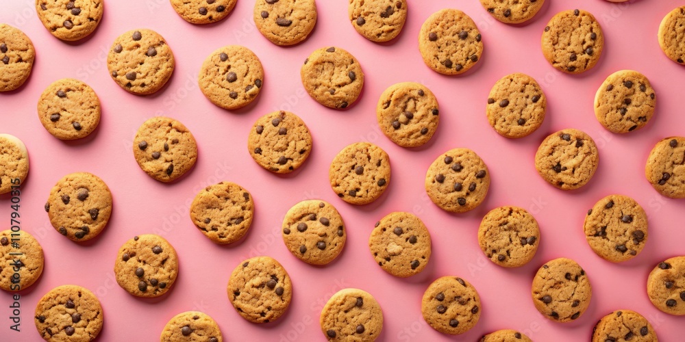 Poster A Flat Lay of Delicious Chocolate Chip Cookies Arranged in a Regular Pattern on a Pink Background