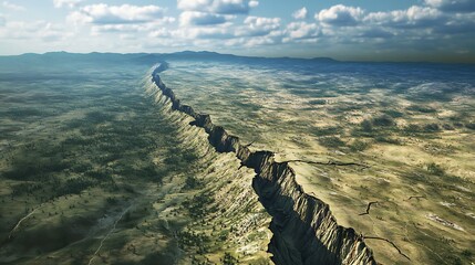 Earthquake fault line stretches across arid landscape illustrating geological features and tectonic activity