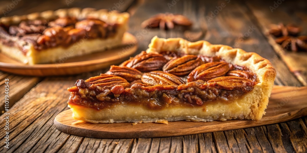 Poster a slice of pecan pie with a flaky crust and a rich caramel filling, sitting on a rustic wooden board