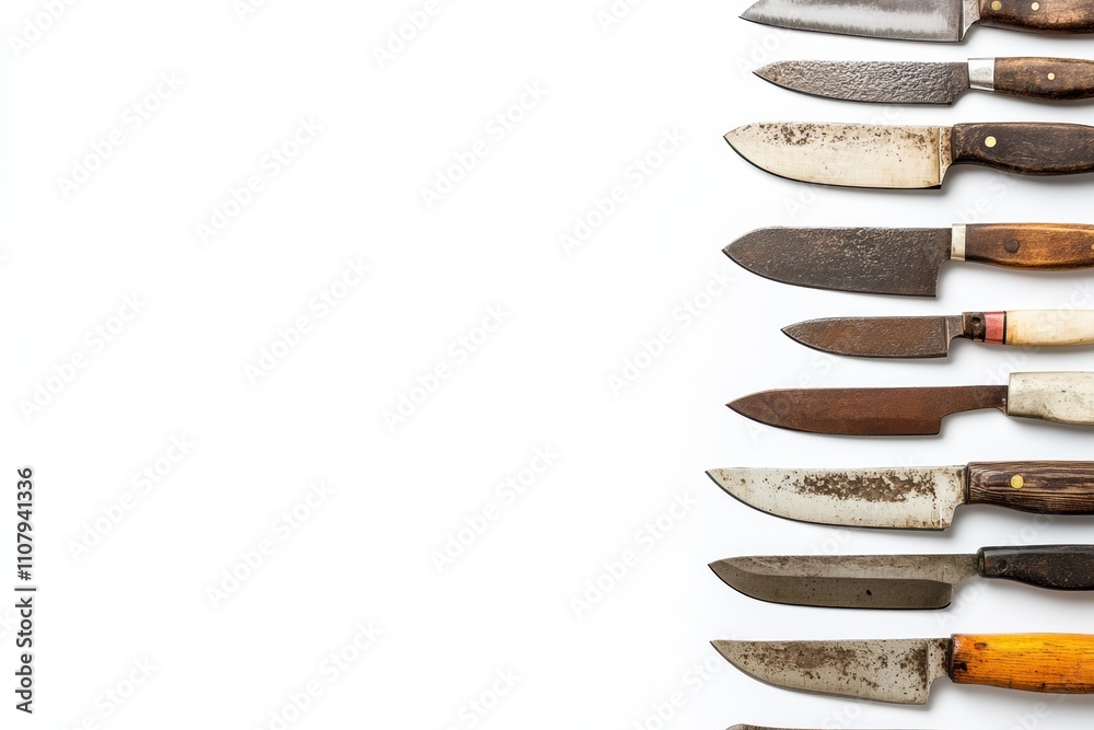 Poster various kitchen knives are tastefully arranged on a clean white surface, showcasing their unique des