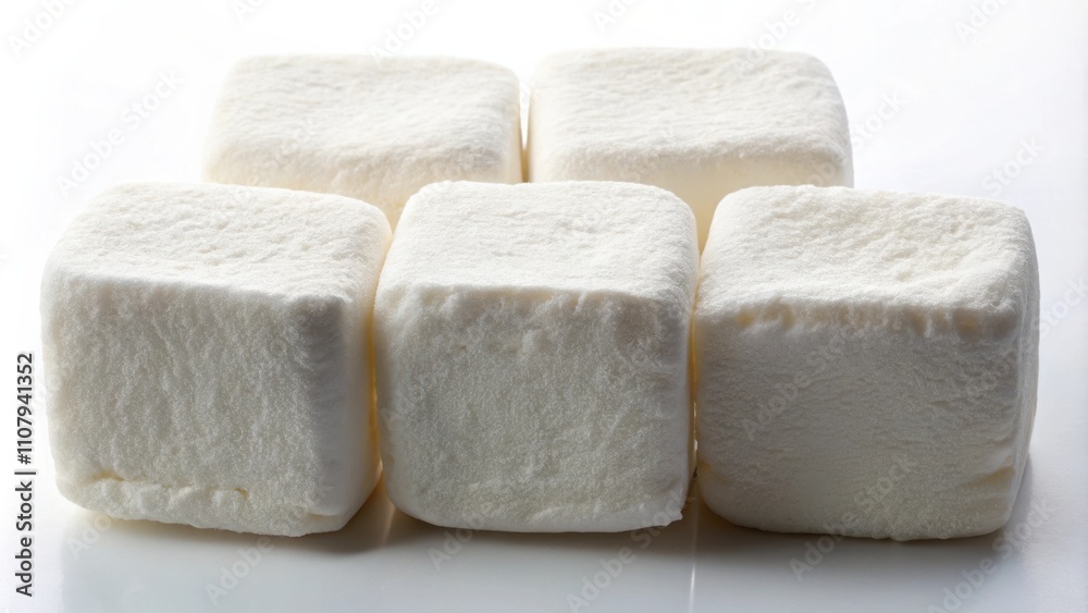Poster five soft, white marshmallows arranged in a row on a clean, white surface