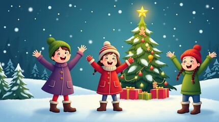 Fototapeta premium Festive Winter Scene With Happy Children Around Christmas Tree in Snow
