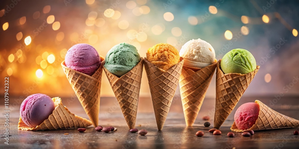 Poster a delightful assortment of ice cream cones, each with a different flavor, arranged on a wooden table