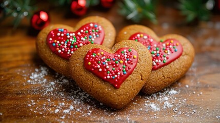 Fototapeta premium Gingerbread heart-shaped cookies adorned with red icing and colorful sprinkles, perfect for a Valentineâ€™s Day or Christmas treat