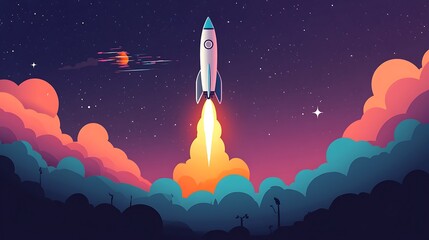 Fototapeta premium Fiery rocket launch from a space station against a colorful night sky with stars and clouds