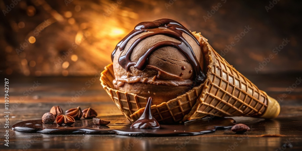Aufkleber a melted chocolate ice cream cone drizzled with rich chocolate sauce on a rustic wooden surface