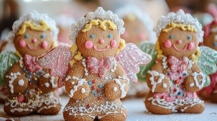 Obraz premium A group of gingerbread angels with sparkling sugar halos and colorful icing details, arranged as part of a holiday cookie display