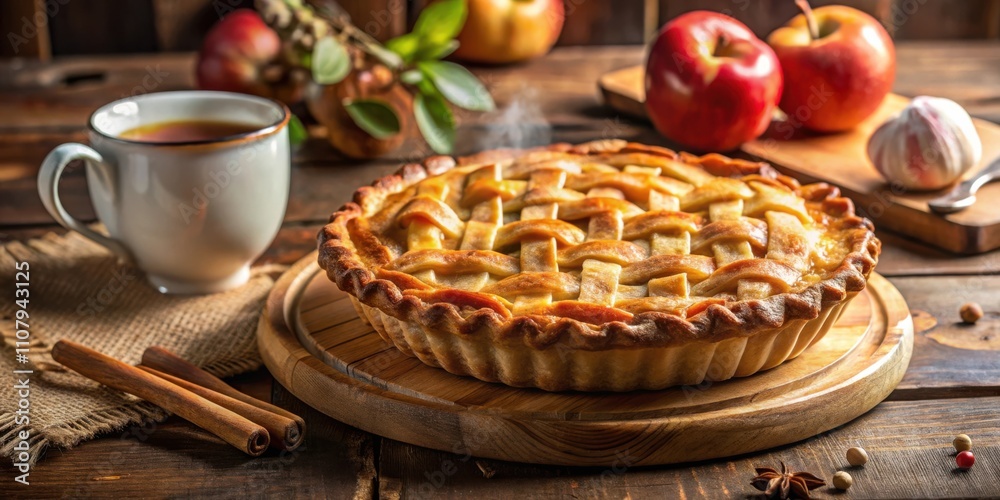 Poster a warm apple pie with a lattice crust, steaming on a wooden board, accompanied by a cup of tea and c