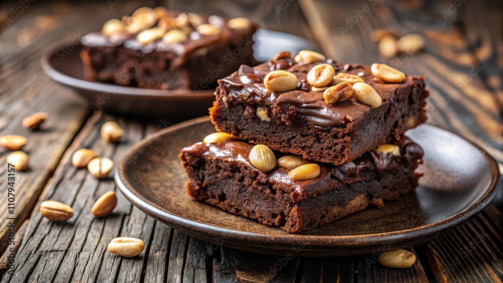 Poster A close-up of two fudgy brownies topped with chocolate frosting and peanuts, sitting on a rustic wooden table with scattered peanuts.