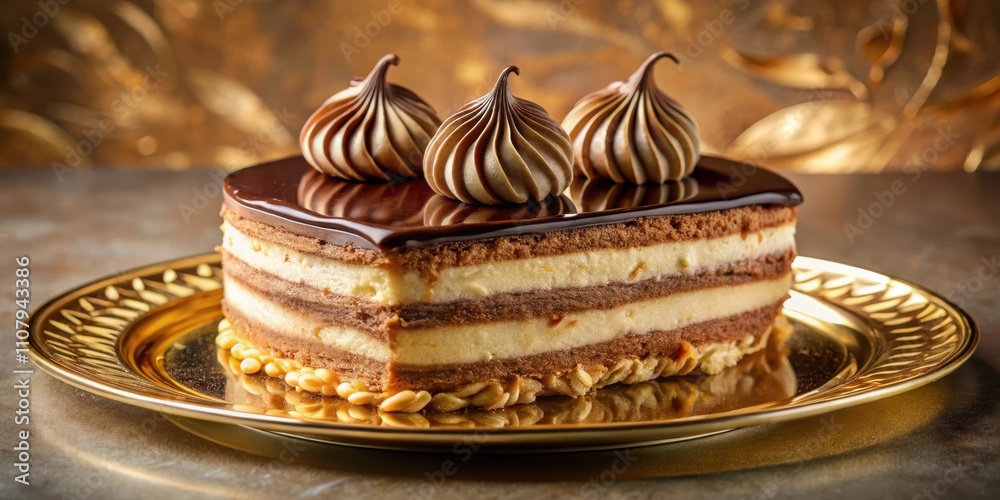 Poster a decadent chocolate cake with whipped cream topping, layered with a light filling and a hint of nut