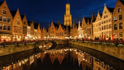 Obraz premium Gabled European buildings lining a canal at night