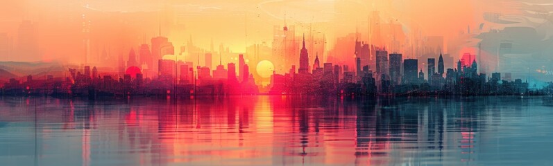 Fototapeta premium Painting of a city skyline with a sunset reflecting in the water