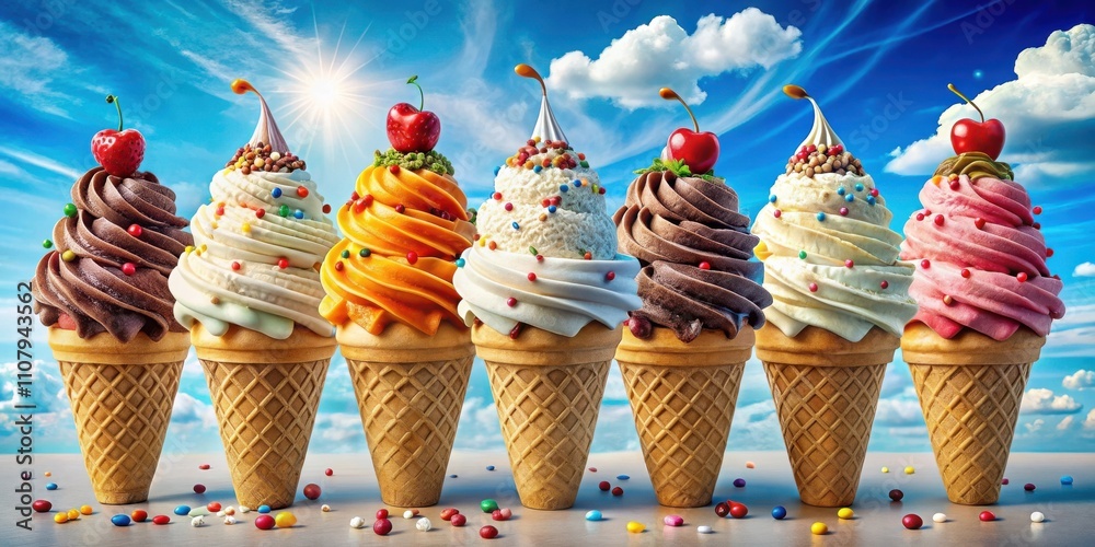 Aufkleber a row of colorful ice cream cones with sprinkles and cherries on top against a bright blue sky with 
