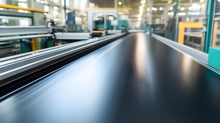Sleek conveyor belt glides smoothly, applying ultra-thin coatings in a high-tech factory setting.