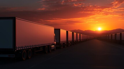 Row of trucks parked along a highway, silhouetted against a dramatic sunset, symbolizing long-distance travel and logistics.