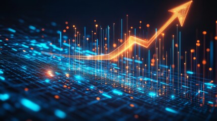Obraz premium A curved arrow graph business growth, pointing to the top right, made of blue and orange color motion lights, dark blue background