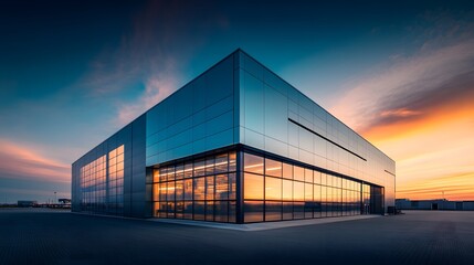 Fototapeta premium Sleek modern factory at sunset; glass facade reflects vibrant sky. Industrial beauty.