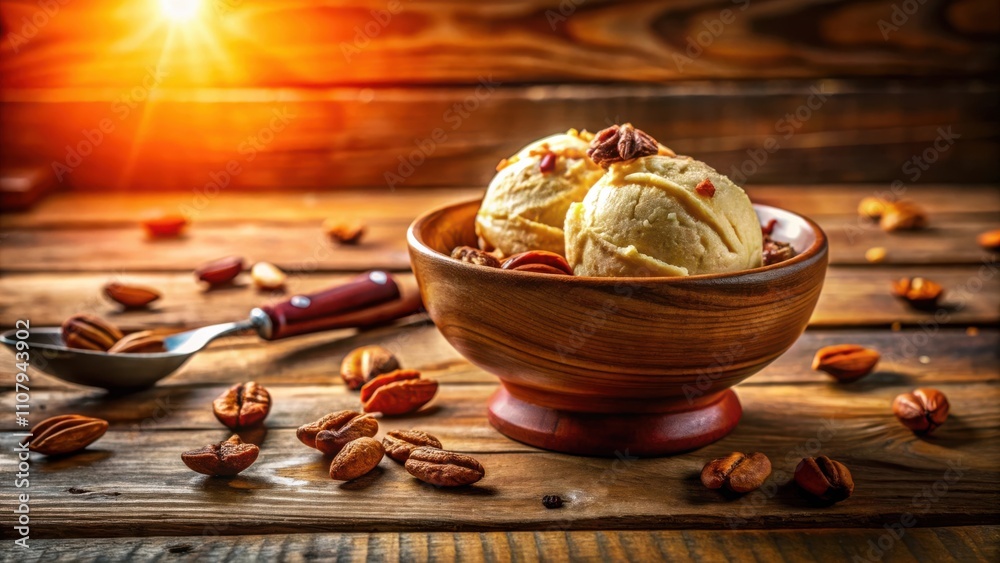 Poster creamy vanilla ice cream scoops in a wooden bowl with pecans and a spoon on a rustic table