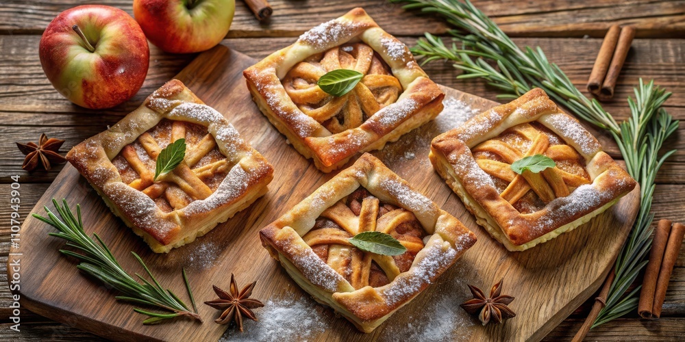 Wall mural Golden brown apple pastries dusted with powdered sugar, nestled on a rustic wooden board with sprigs of rosemary and cinnamon sticks