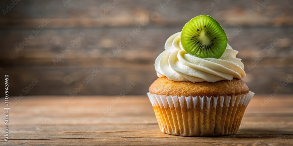 Poster a single cupcake topped with whipped cream and a slice of fresh green kiwi on a rustic wooden surfac