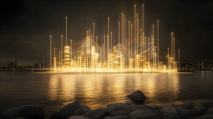 Fototapeta premium Night city lights illuminate a futuristic, energy-efficient metropolis across a calm waterfront. Golden glow reflects the peak energy.