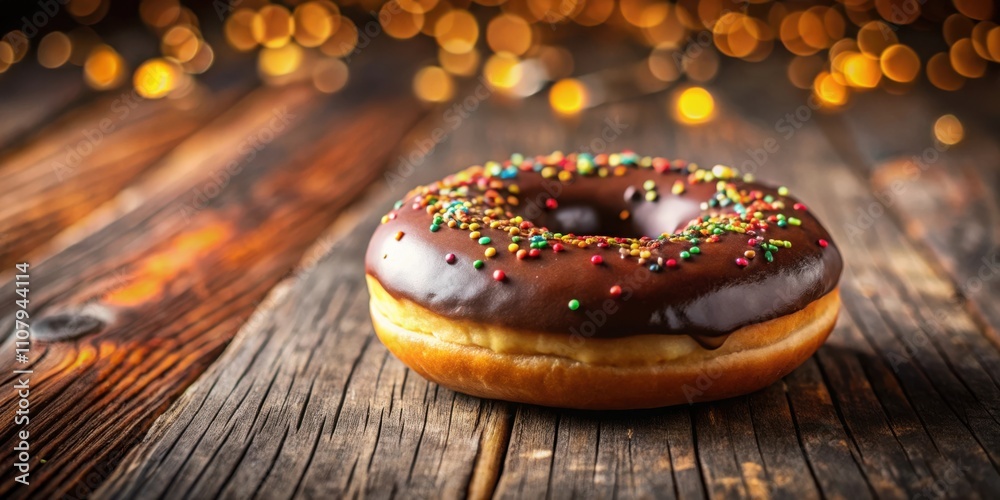 Poster a single chocolate glazed donut sprinkled with colorful sprinkles sits on a rustic wooden surface, i