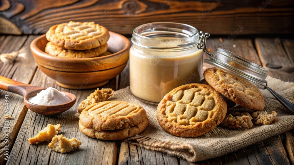 Aufkleber homemade peanut butter cookies with creamy peanut butter in a jar on rustic wooden background