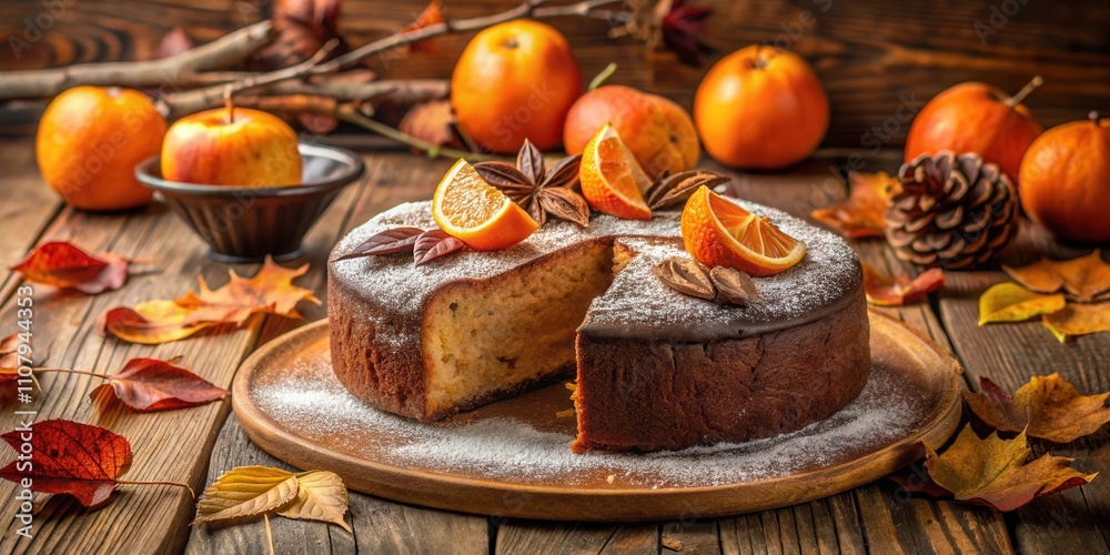 Poster a slice of orange cake dusted with powdered sugar, surrounded by autumn leaves and oranges on a wood