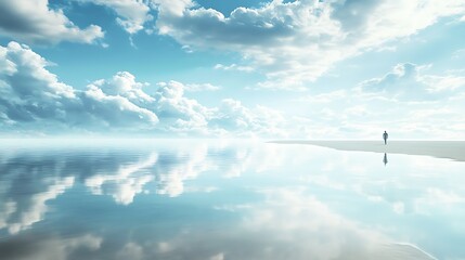 Naklejka premium A serene landscape featuring a reflective water surface and a solitary figure against a blue sky.