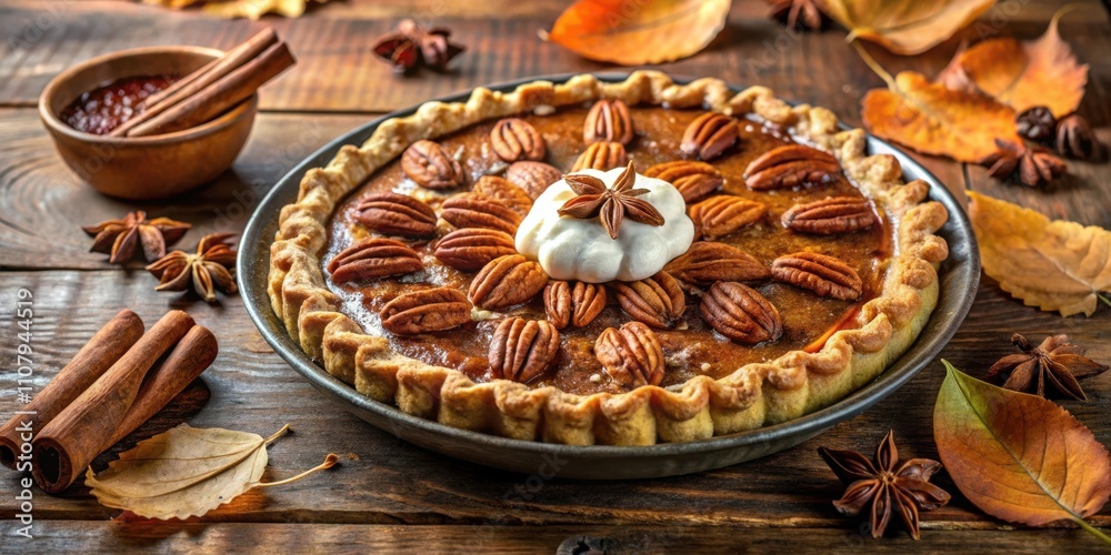 Poster a classic pumpkin pie with a flaky crust and a swirl of whipped cream, adorned with pecan halves and