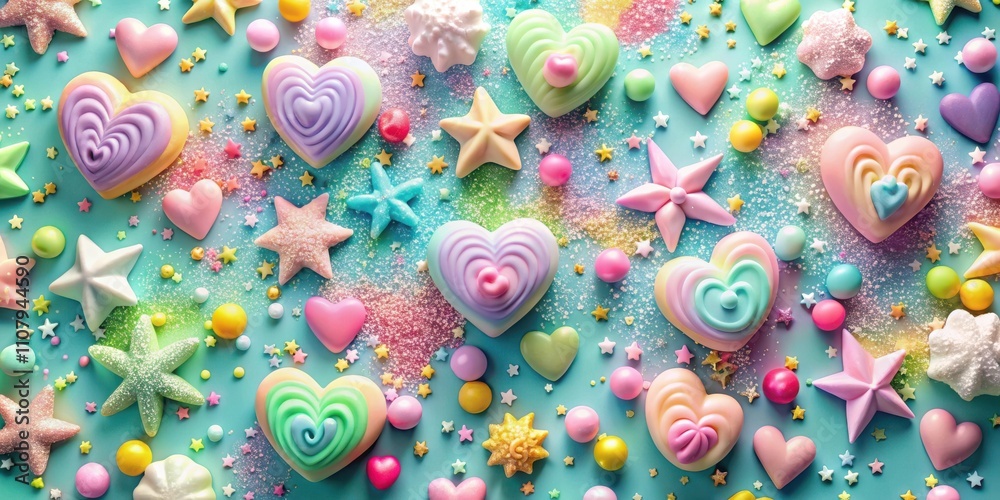 Poster A whimsical array of pastel-colored hearts and stars dusted with sparkling sugar on a blue background.